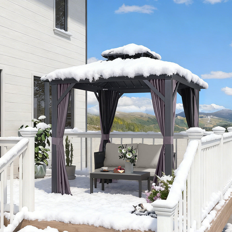 PURPLE LEAF Hardtop Tuinpaviljoen Essential met Warmwitte Verlichting, Gegalvaniseerd Stalen Dak, Aluminium Frame, Gordijnen en Klamboe – Grijs