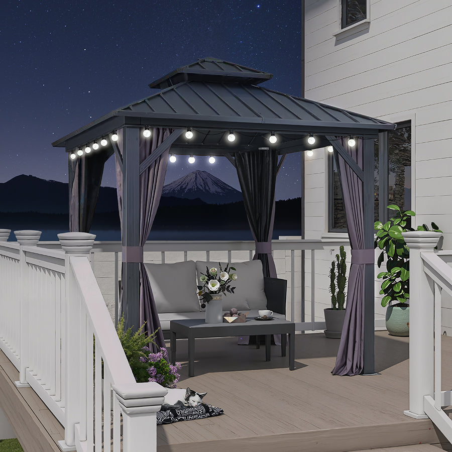 PURPLE LEAF Hardtop Tuinpaviljoen Essential met Neutraal Witte Verlichting, Gegalvaniseerd Stalen Dak, Aluminium Frame, Gordijnen en Klamboe – Grijs
