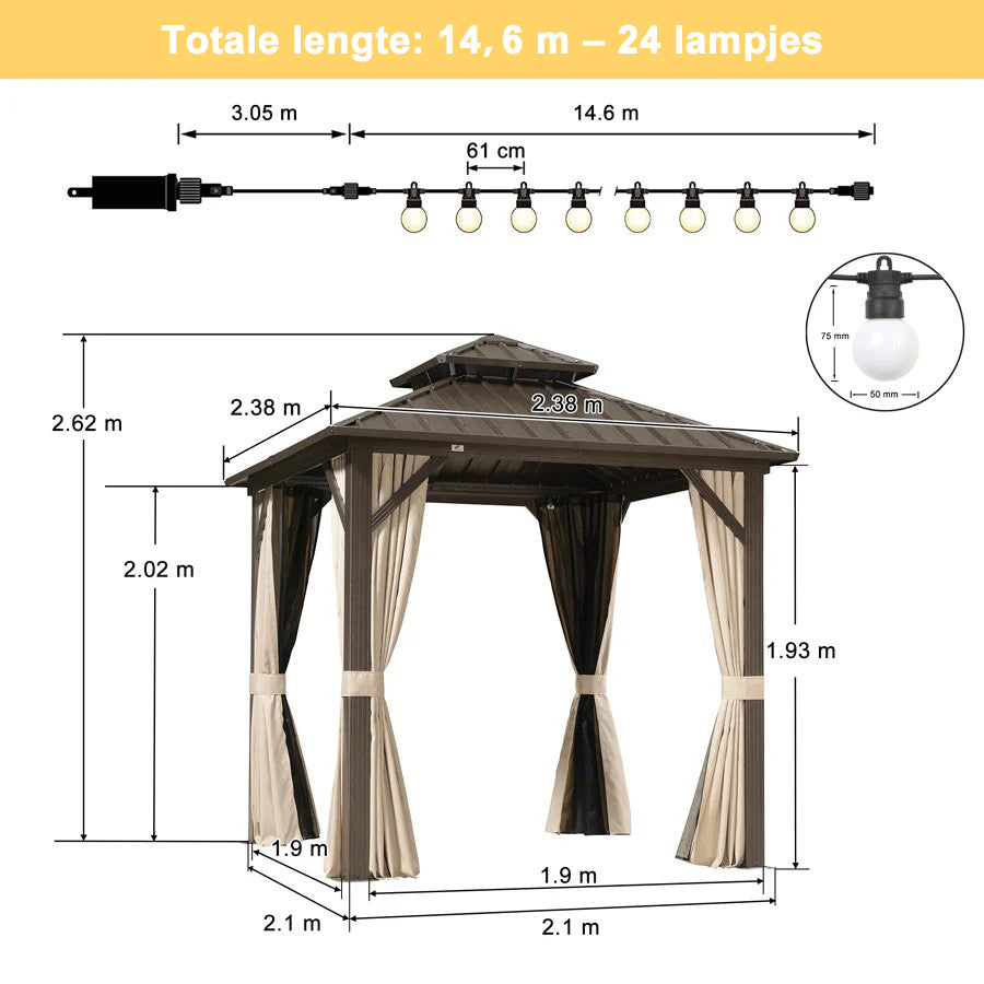 PURPLE LEAF Hardtop Tuinpaviljoen Essential met Neutraal witte LED-verlichting , Gegalvaniseerd Stalen Dak, Aluminium Frame, Gordijnen en Klamboe – Brons