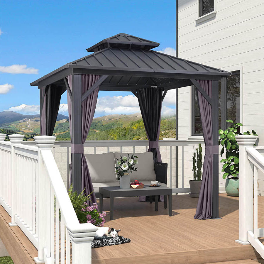 PURPLE LEAF Hardtop Prieel Basismodel Gegalvaniseerd Stalen Dak Aluminium Frame met Gordijn en Klamboe – Grijs