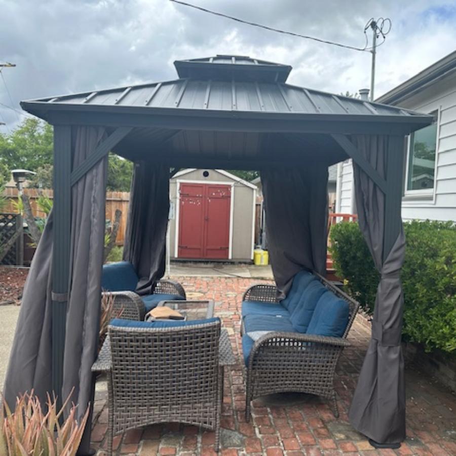 PURPLE LEAF Hardtop Tuinpaviljoen Essential met Neutraal Witte Verlichting, Gegalvaniseerd Stalen Dak, Aluminium Frame, Gordijnen en Klamboe – Grijs