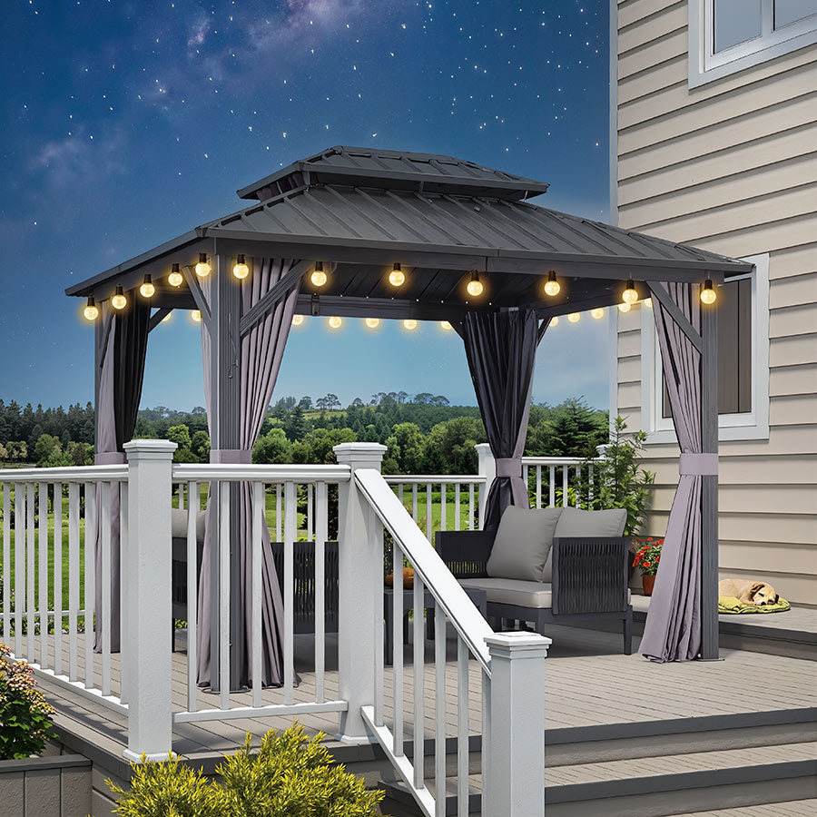 PURPLE LEAF Hardtop Tuinpaviljoen Essential met Warmwitte Verlichting, Gegalvaniseerd Stalen Dak, Aluminium Frame, Gordijnen en Klamboe – Grijs