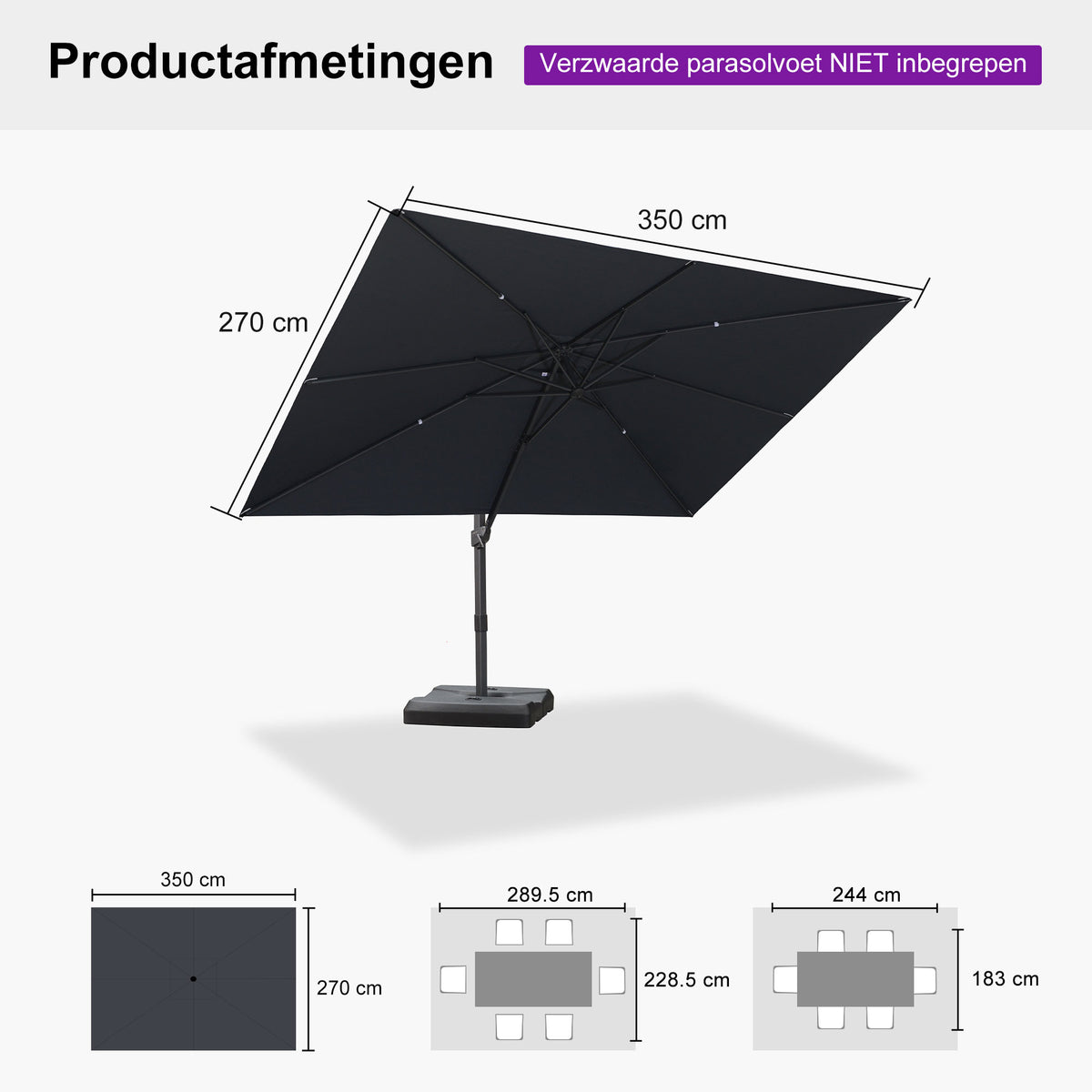 PURPLE LEAF Betaalbare Grote Parasol – Traploos Kantelbare Zweefparasol voor Tuin & Terras
