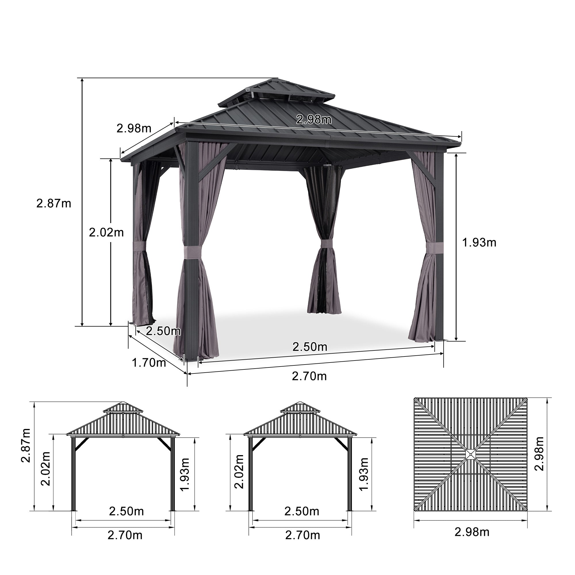 PURPLE LEAF Hardtop Tuinpaviljoen Essential met Warmwitte Verlichting, Gegalvaniseerd Stalen Dak, Aluminium Frame, Gordijnen en Klamboe – Grijs