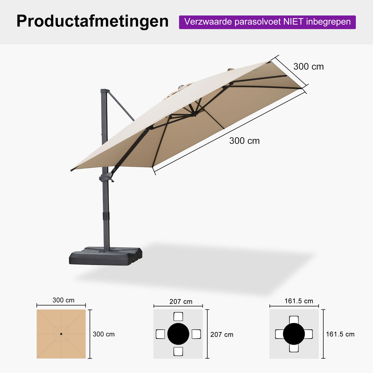 PURPLE LEAF Betaalbare Grote Parasol – Traploos Kantelbare Zweefparasol voor Tuin & Terras
