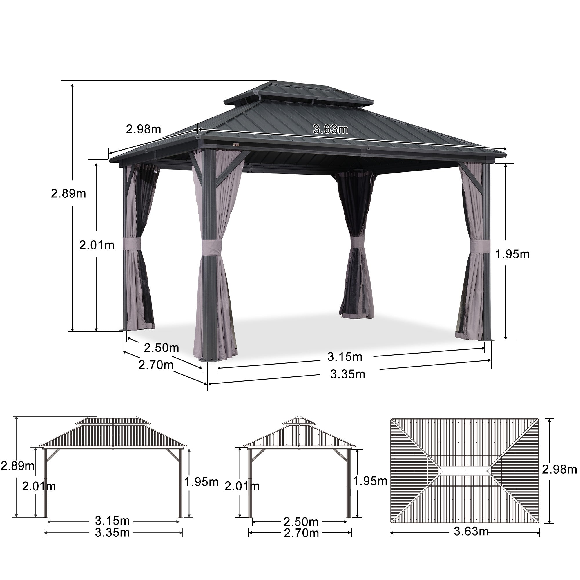 PURPLE LEAF Hardtop Tuinpaviljoen Essential met Warmwitte Verlichting, Gegalvaniseerd Stalen Dak, Aluminium Frame, Gordijnen en Klamboe – Grijs