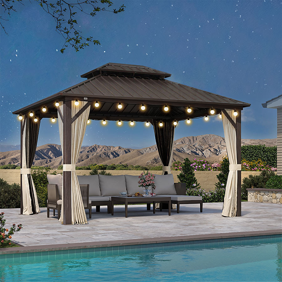 PURPLE LEAF Essential Hardtop Tuinpaviljoen Bronzen Frame Dubbel Dak Tuin Warmwitte Verlichting