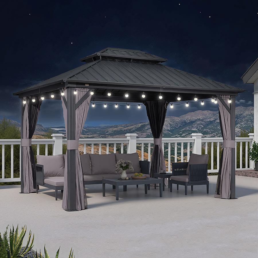 PURPLE LEAF Hardtop Tuinpaviljoen Essential met Neutraal Witte Verlichting, Gegalvaniseerd Stalen Dak, Aluminium Frame, Gordijnen en Klamboe – Grijs