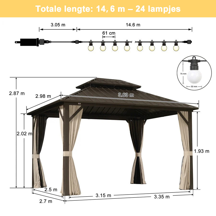 PURPLE LEAF Hardtop Tuinpaviljoen Essential met Neutraal witte LED-verlichting , Gegalvaniseerd Stalen Dak, Aluminium Frame, Gordijnen en Klamboe – Brons