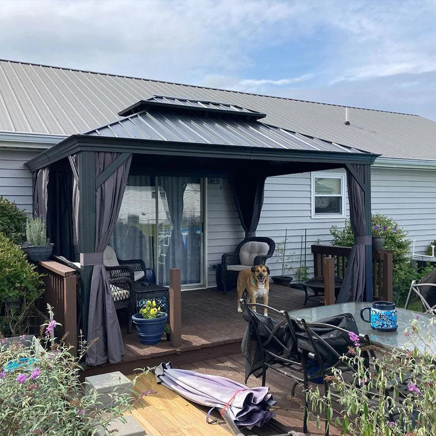 PURPLE LEAF Tuinpaviljoen Voor Achtertuin Grijs Hardtop Gegalvaniseerd Stalen Dak Luifel met Upgrade Gordijn