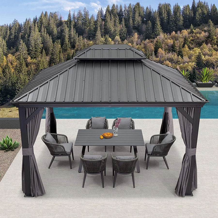 PURPLE LEAF Tuinpaviljoen Voor Achtertuin Grijs Hardtop Gegalvaniseerd Stalen Dak Luifel met Upgrade Gordijn