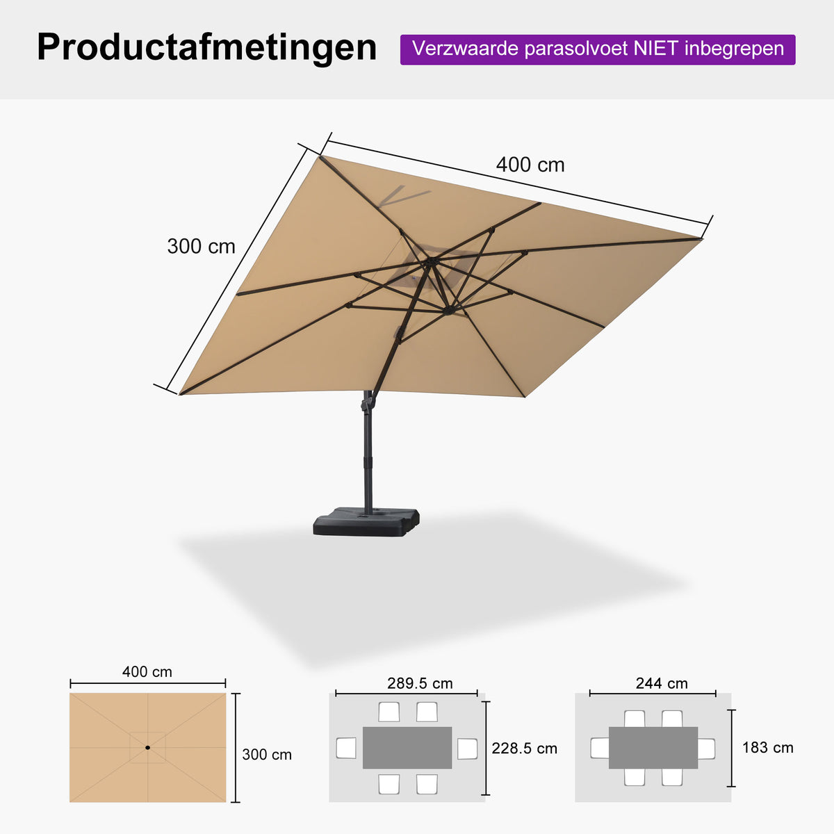 PURPLE LEAF Betaalbare Grote Parasol – Traploos Kantelbare Zweefparasol voor Tuin & Terras