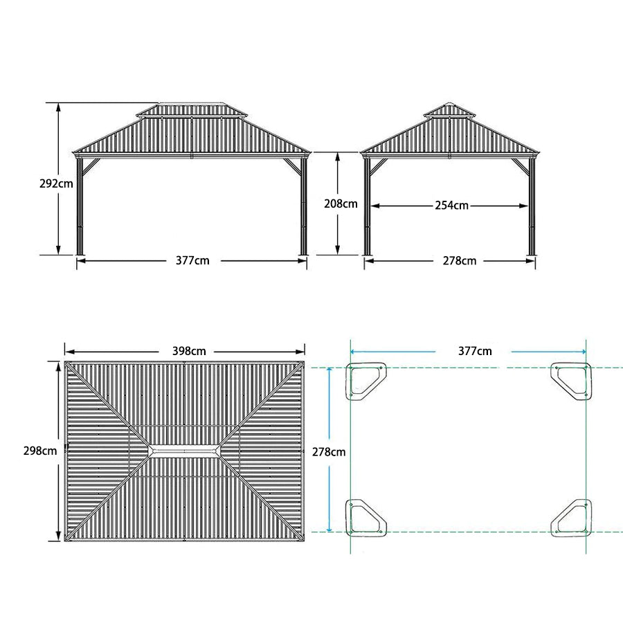 PURPLE LEAF Tuinpaviljoen Voor Achtertuin Grijs Hardtop Gegalvaniseerd Stalen Dak Luifel met Upgrade Gordijn