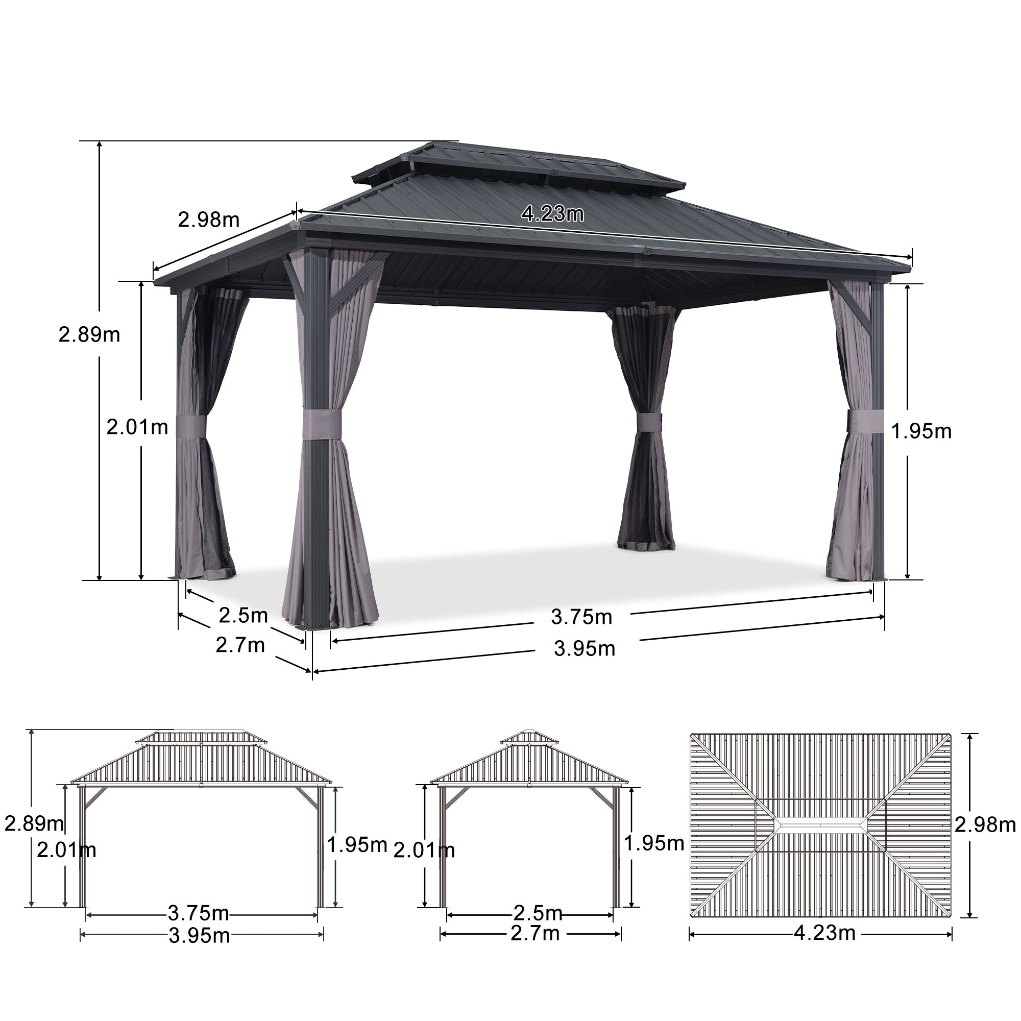 PURPLE LEAF Hardtop Tuinpaviljoen Essential met Warmwitte Verlichting, Gegalvaniseerd Stalen Dak, Aluminium Frame, Gordijnen en Klamboe – Grijs