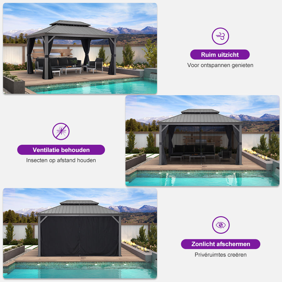 PURPLE LEAF Cenador de Jardín y Piscina con Techo Rígido, Cortinas, Mosquiteras y Luces LED Cálidas, Gris Claro