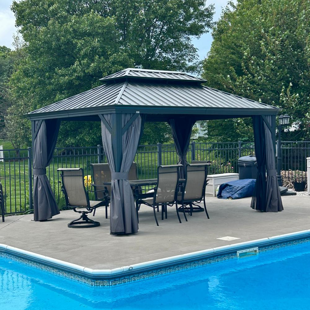 PURPLE LEAF Tuinpaviljoen Voor Achtertuin Grijs Hardtop Gegalvaniseerd Stalen Dak Luifel met Upgrade Gordijn