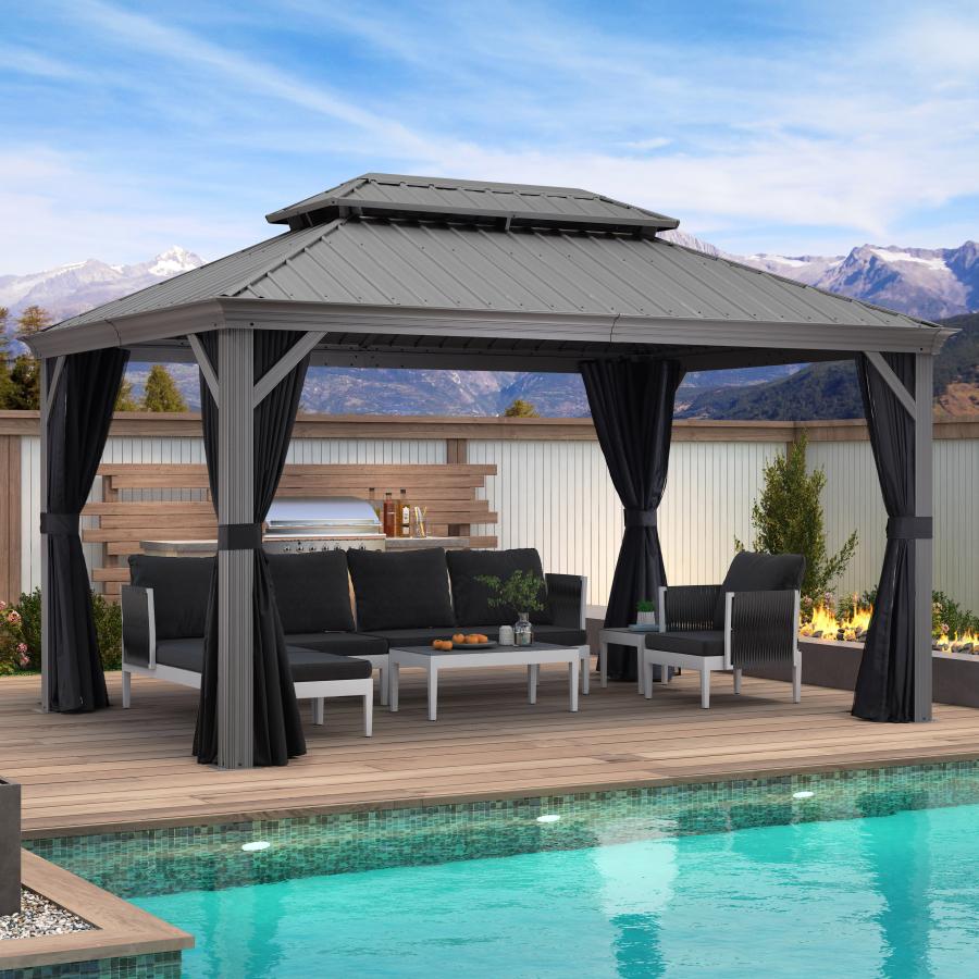 Purple Leaf Lichtgrijs Tuinpaviljoen met Dubbel Dak van Verzinkt Staal, Aluminium Frame, Insectenhor en Zijgordijnen