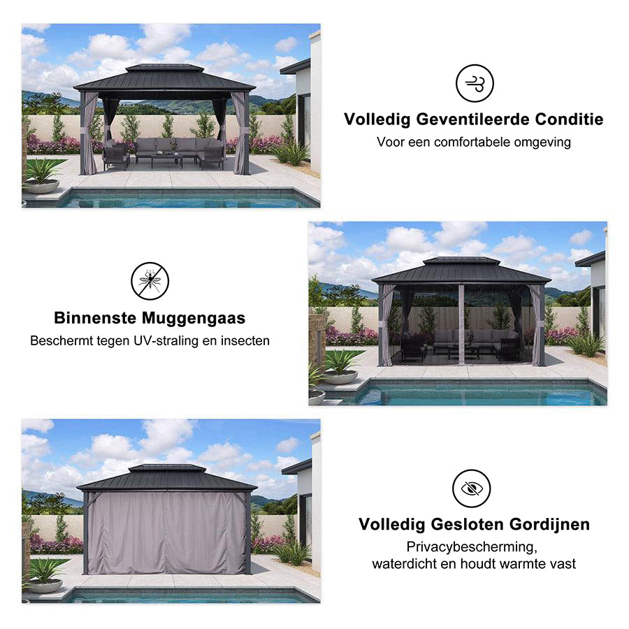 PURPLE LEAF Hardtop Tuinpaviljoen Essential met Warmwitte Verlichting, Gegalvaniseerd Stalen Dak, Aluminium Frame, Gordijnen en Klamboe – Grijs