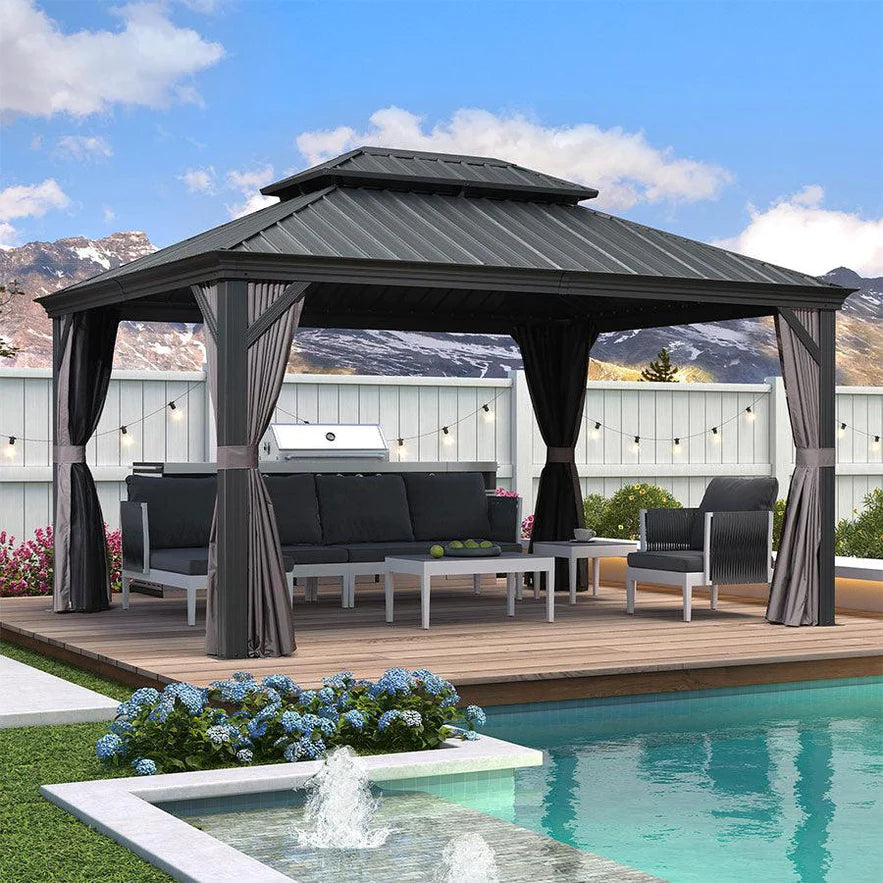 PURPLE LEAF Tuinpaviljoen Voor Achtertuin Grijs Hardtop Gegalvaniseerd Stalen Dak Luifel met Upgrade Gordijn