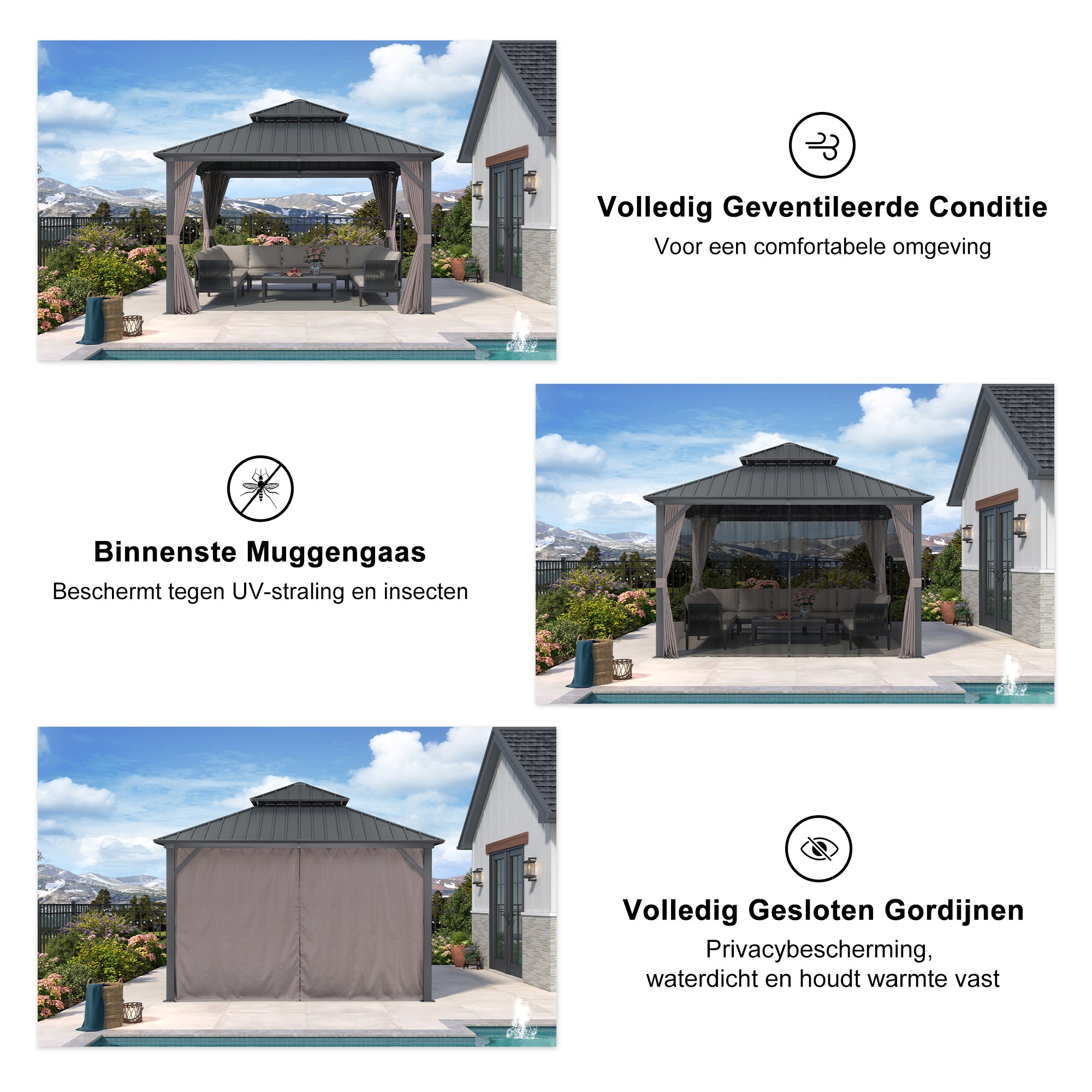 PURPLE LEAF Hardtop Tuinpaviljoen Essential met Warmwitte Verlichting, Gegalvaniseerd Stalen Dak, Aluminium Frame, Gordijnen en Klamboe – Grijs