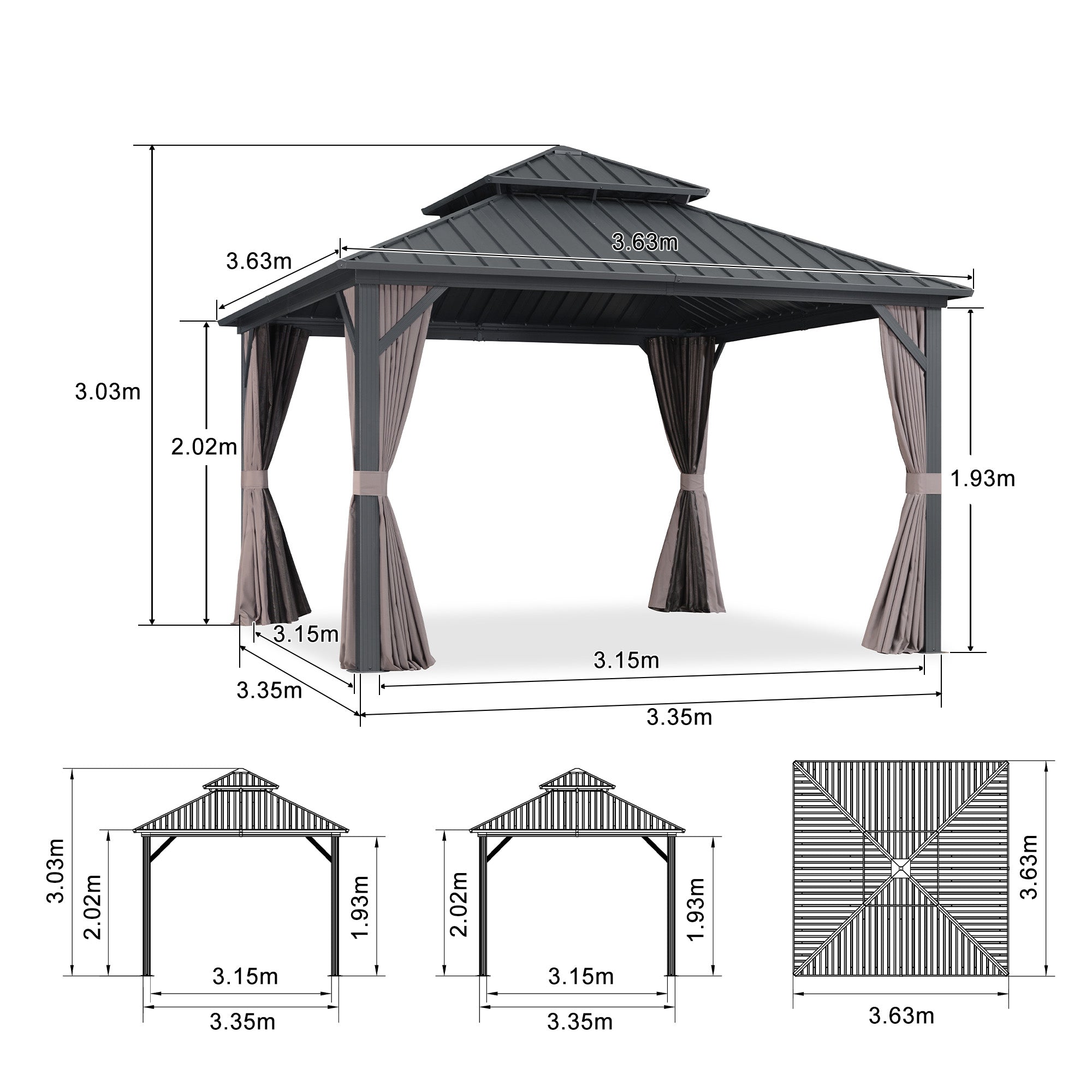 PURPLE LEAF Hardtop Tuinpaviljoen Essential met Warmwitte Verlichting, Gegalvaniseerd Stalen Dak, Aluminium Frame, Gordijnen en Klamboe – Grijs