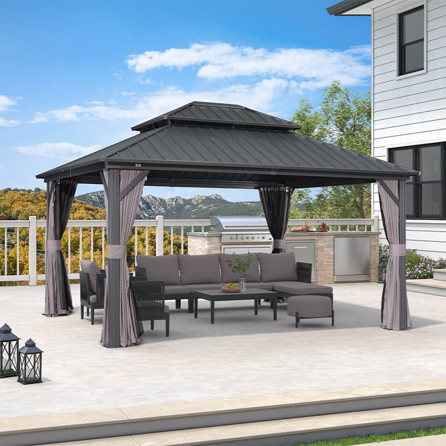 PURPLE LEAF Hardtop Prieel Basismodel Gegalvaniseerd Stalen Dak Aluminium Frame met Gordijn en Klamboe – Grijs