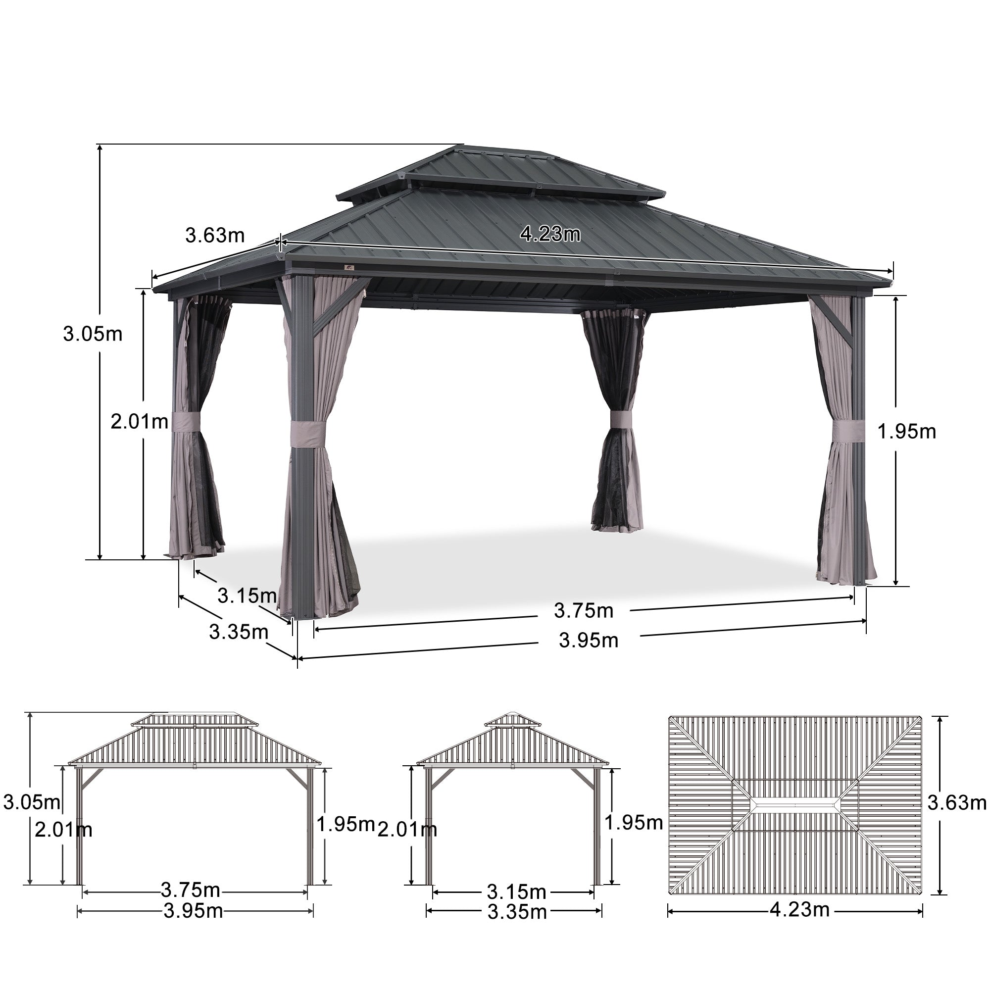 PURPLE LEAF Hardtop Tuinpaviljoen Essential met Warmwitte Verlichting, Gegalvaniseerd Stalen Dak, Aluminium Frame, Gordijnen en Klamboe – Grijs