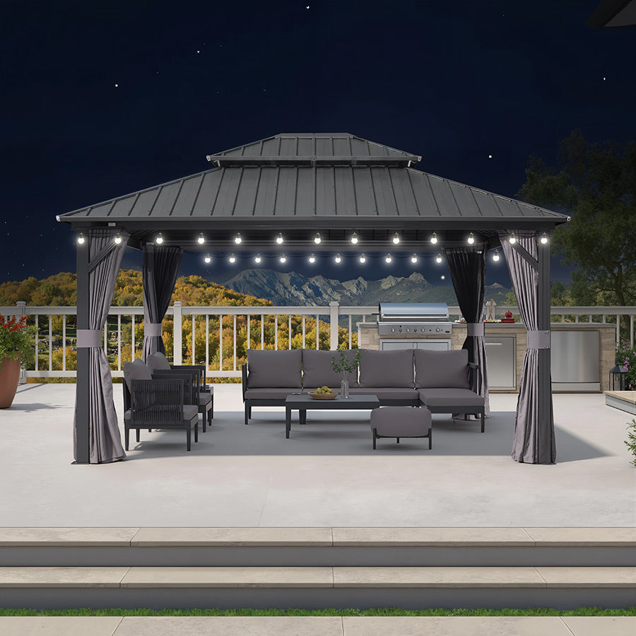 PURPLE LEAF Hardtop Tuinpaviljoen Essential met Neutraal Witte Verlichting, Gegalvaniseerd Stalen Dak, Aluminium Frame, Gordijnen en Klamboe – Grijs