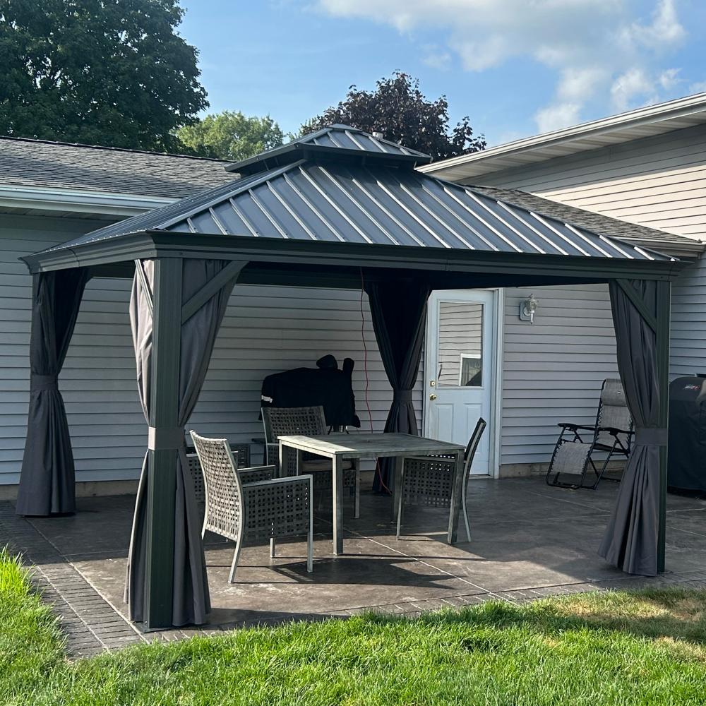 PURPLE LEAF Tuinpaviljoen Voor Achtertuin Grijs Hardtop Gegalvaniseerd Stalen Dak Luifel met Upgrade Gordijn