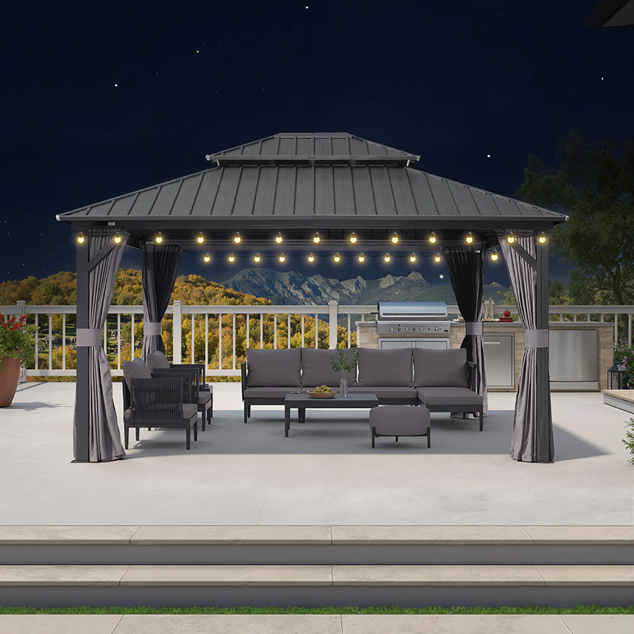 PURPLE LEAF Hardtop Tuinpaviljoen Essential met Warmwitte Verlichting, Gegalvaniseerd Stalen Dak, Aluminium Frame, Gordijnen en Klamboe – Grijs