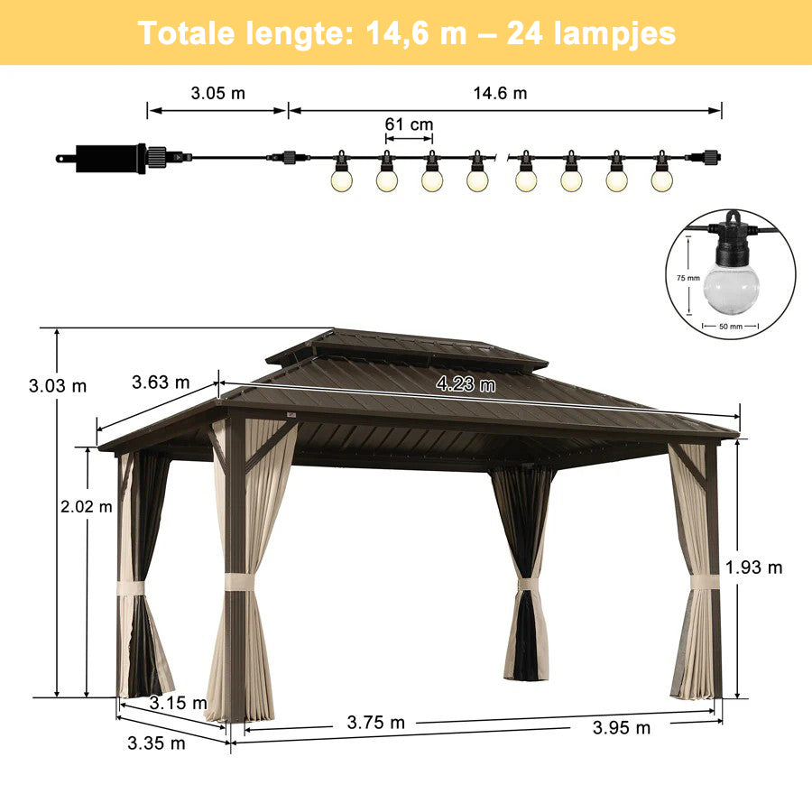 PURPLE LEAF Essential Hardtop Tuinpaviljoen Bronzen Frame Dubbel Dak Tuin Warmwitte Verlichting