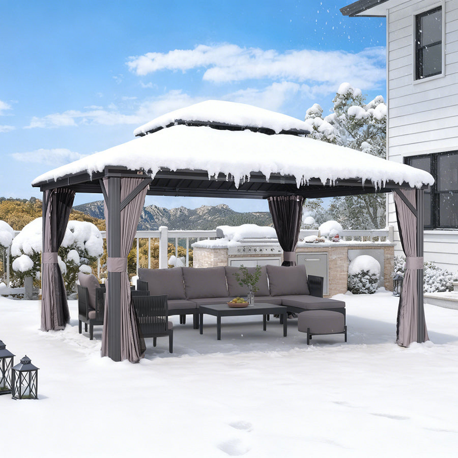 PURPLE LEAF Hardtop Tuinpaviljoen Essential met Warmwitte Verlichting, Gegalvaniseerd Stalen Dak, Aluminium Frame, Gordijnen en Klamboe – Grijs