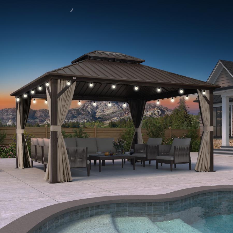 PURPLE LEAF Hardtop Tuinpaviljoen Essential met Neutraal witte LED-verlichting , Gegalvaniseerd Stalen Dak, Aluminium Frame, Gordijnen en Klamboe – Brons