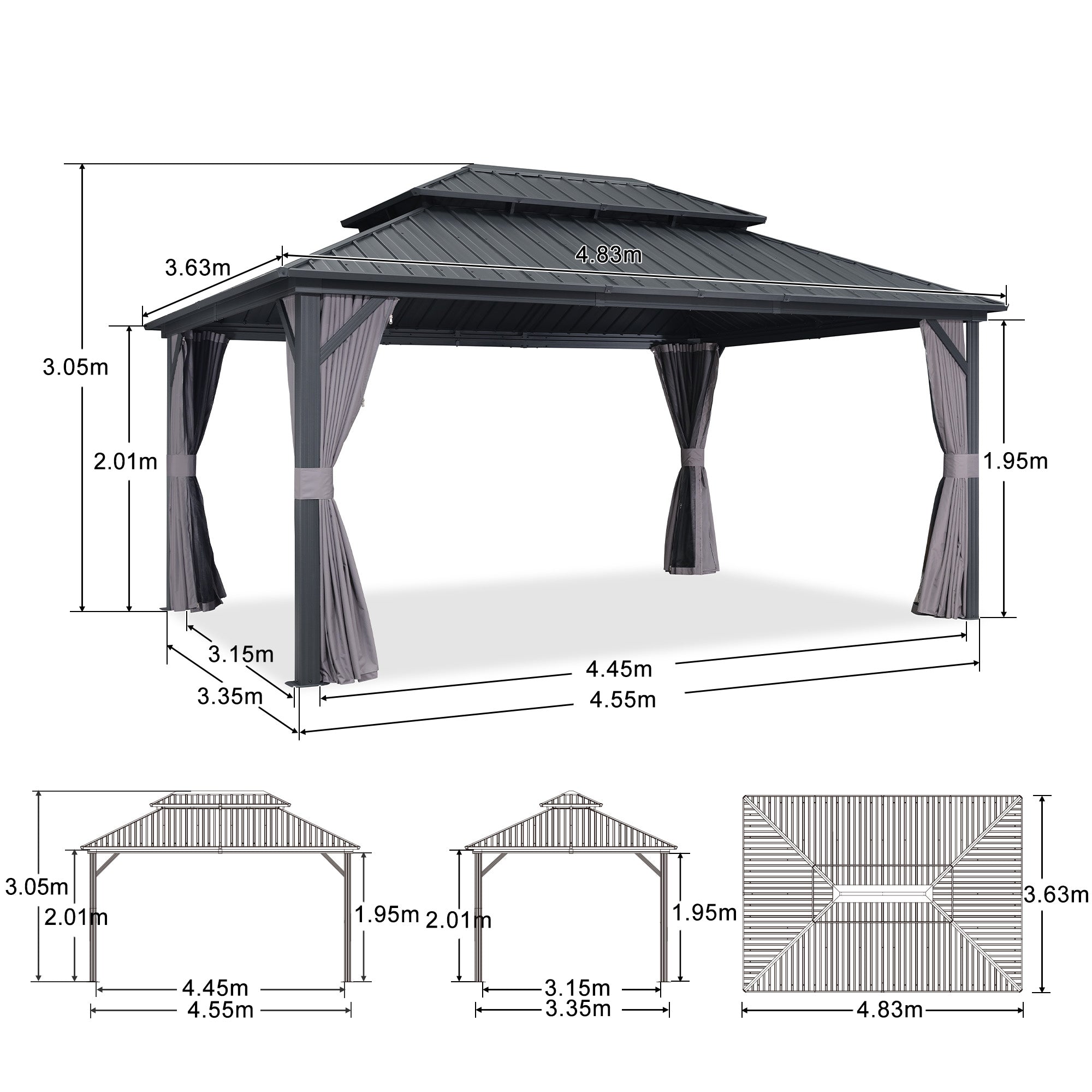 PURPLE LEAF Hardtop Tuinpaviljoen Essential met Warmwitte Verlichting, Gegalvaniseerd Stalen Dak, Aluminium Frame, Gordijnen en Klamboe – Grijs