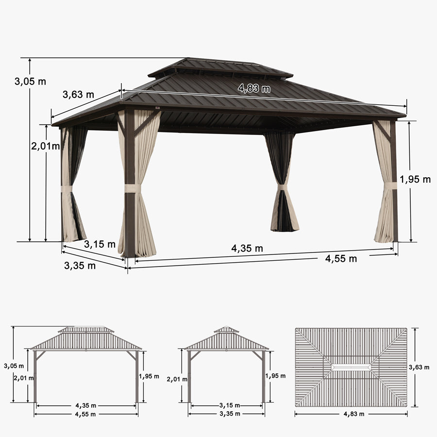 PURPLE LEAF Hardtop Tuinpaviljoen Essential Gegalvaniseerd Stalen Dak Aluminium Frame met Gordijn en Klamboe -Brons