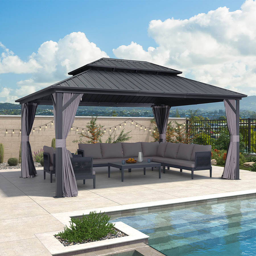 PURPLE LEAF Hardtop Prieel Basismodel Gegalvaniseerd Stalen Dak Aluminium Frame met Gordijn en Klamboe – Grijs