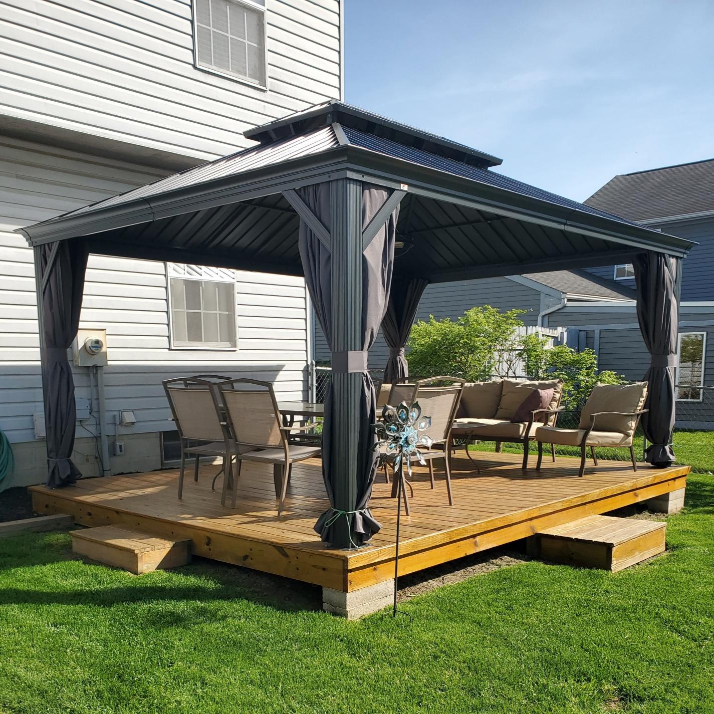 PURPLE LEAF Tuinpaviljoen Voor Achtertuin Grijs Hardtop Gegalvaniseerd Stalen Dak Luifel met Upgrade Gordijn