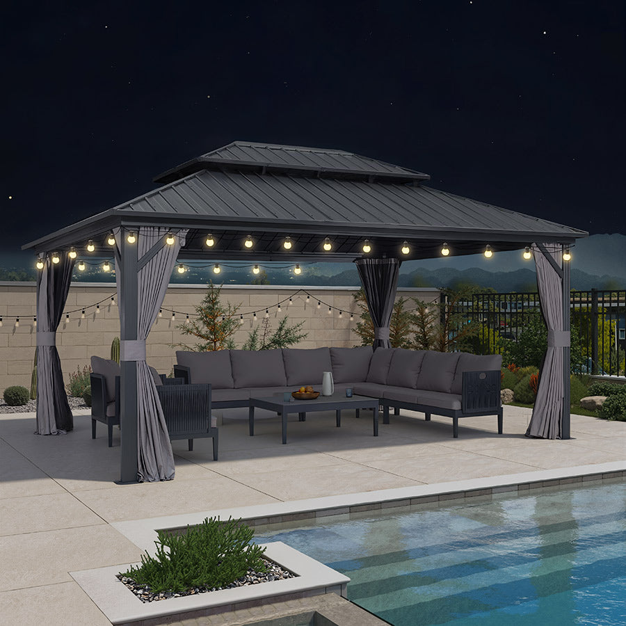 PURPLE LEAF Hardtop Tuinpaviljoen Essential met Warmwitte Verlichting, Gegalvaniseerd Stalen Dak, Aluminium Frame, Gordijnen en Klamboe – Grijs
