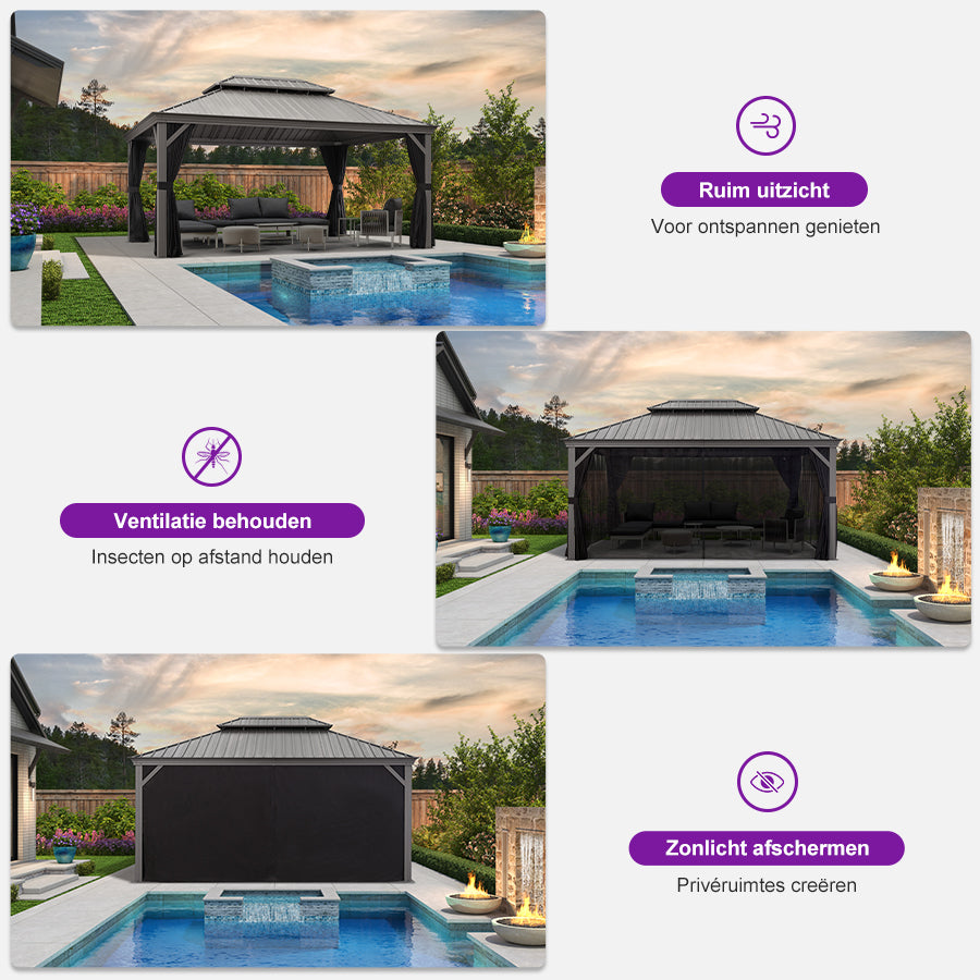 PURPLE LEAF Cenador de Jardín y Piscina con Techo Rígido, Cortinas, Mosquiteras y Luces LED Cálidas, Gris Claro