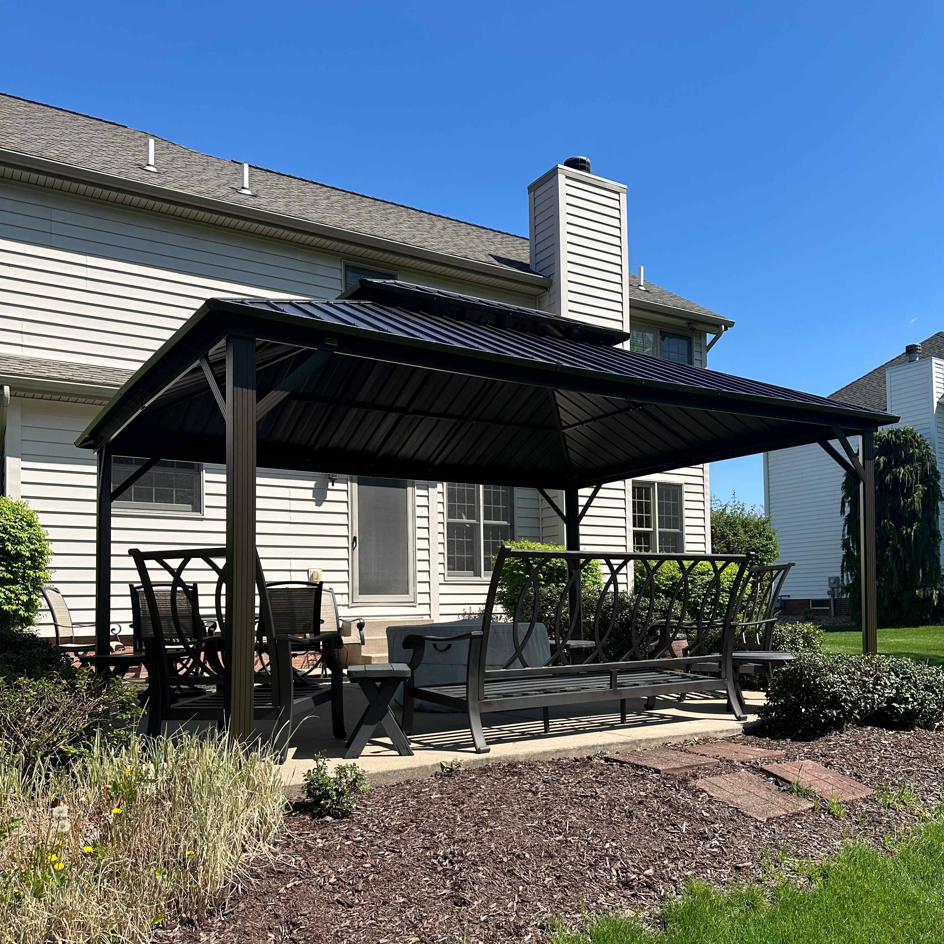 PURPLE LEAF Hardtop Tuinpaviljoen Essential met Neutraal witte LED-verlichting , Gegalvaniseerd Stalen Dak, Aluminium Frame, Gordijnen en Klamboe – Brons