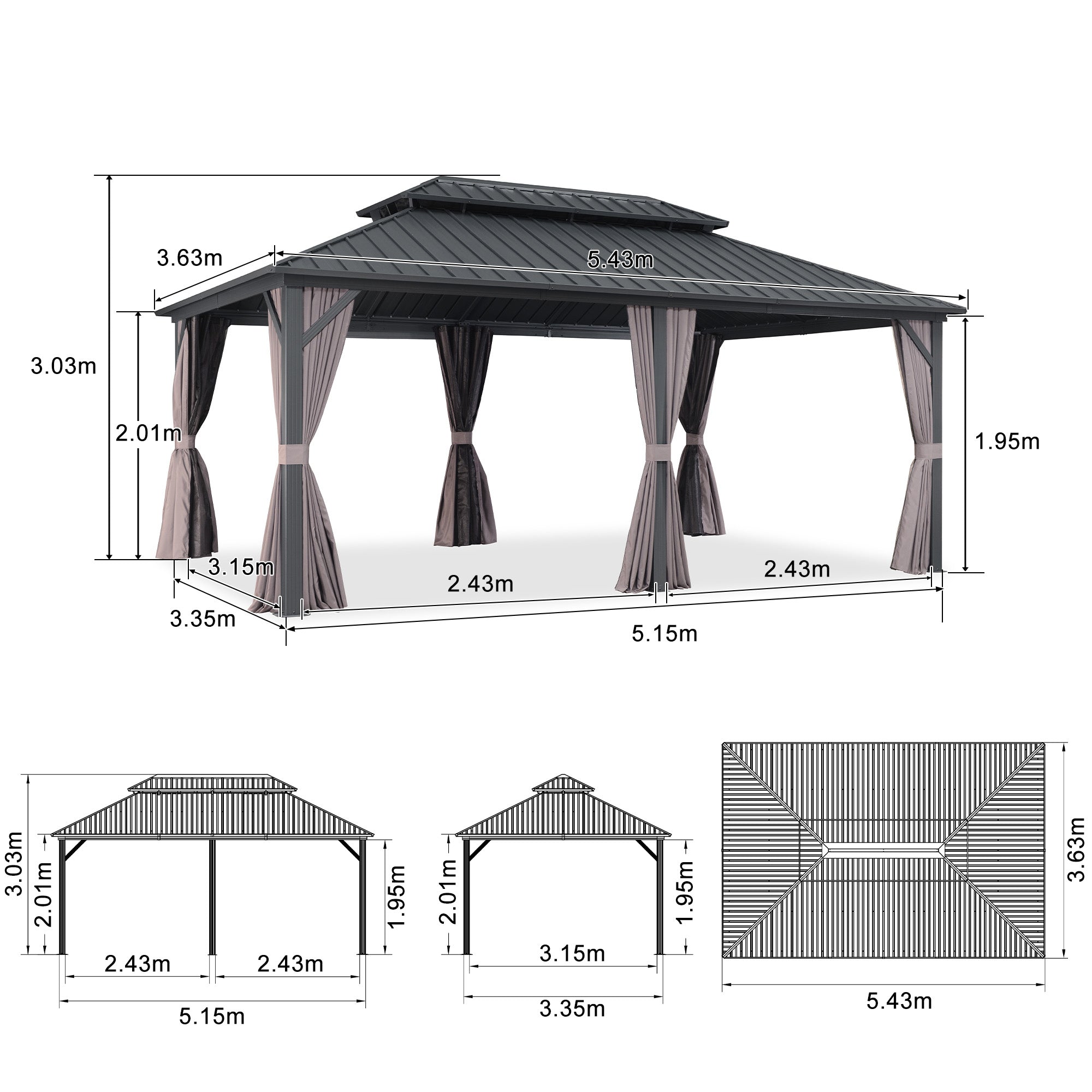 PURPLE LEAF Hardtop Tuinpaviljoen Essential met Warmwitte Verlichting, Gegalvaniseerd Stalen Dak, Aluminium Frame, Gordijnen en Klamboe – Grijs