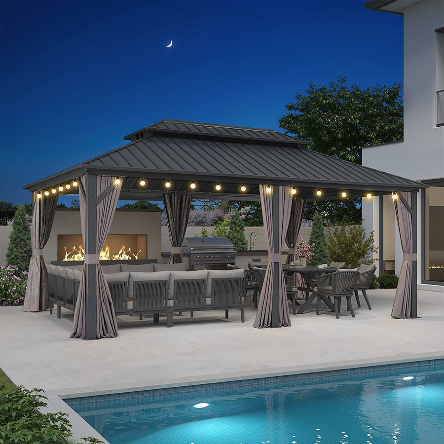 PURPLE LEAF Hardtop Tuinpaviljoen Essential met Warmwitte Verlichting, Gegalvaniseerd Stalen Dak, Aluminium Frame, Gordijnen en Klamboe – Grijs