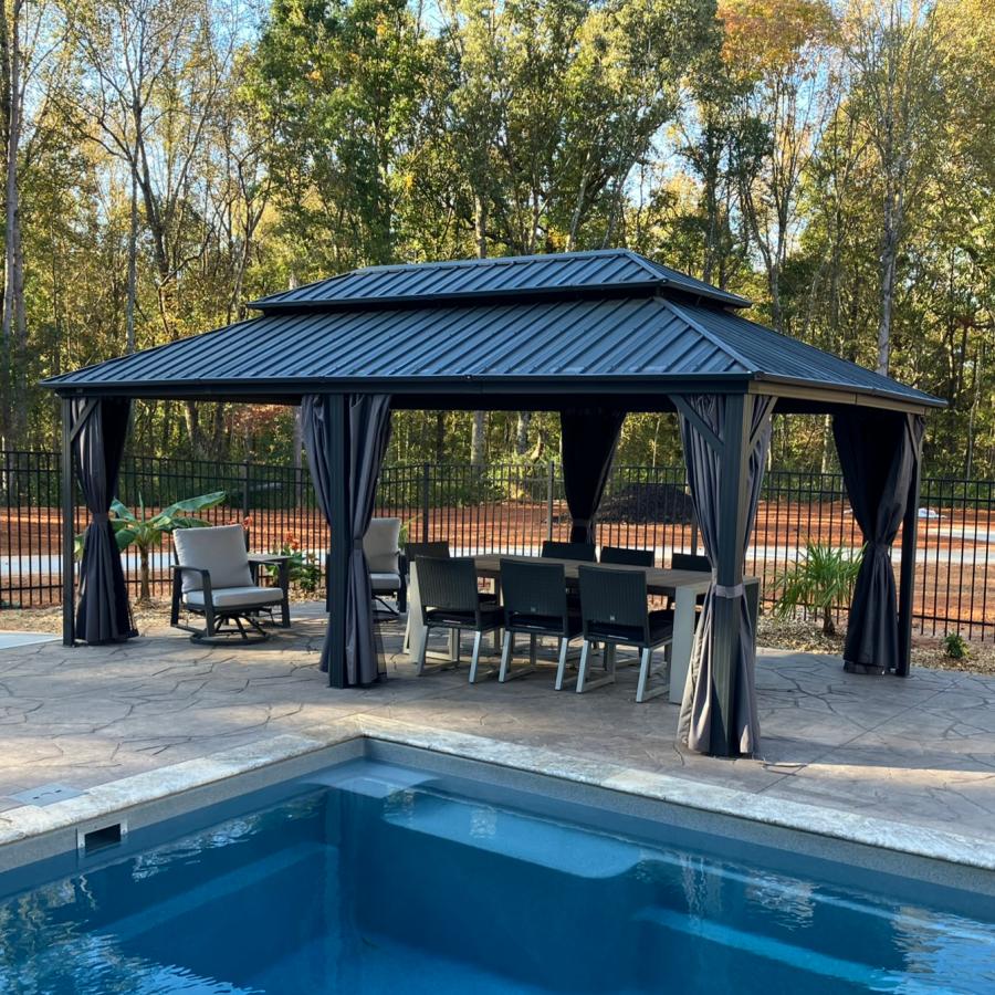 PURPLE LEAF Hardtop Tuinpaviljoen Essential met Neutraal Witte Verlichting, Gegalvaniseerd Stalen Dak, Aluminium Frame, Gordijnen en Klamboe – Grijs