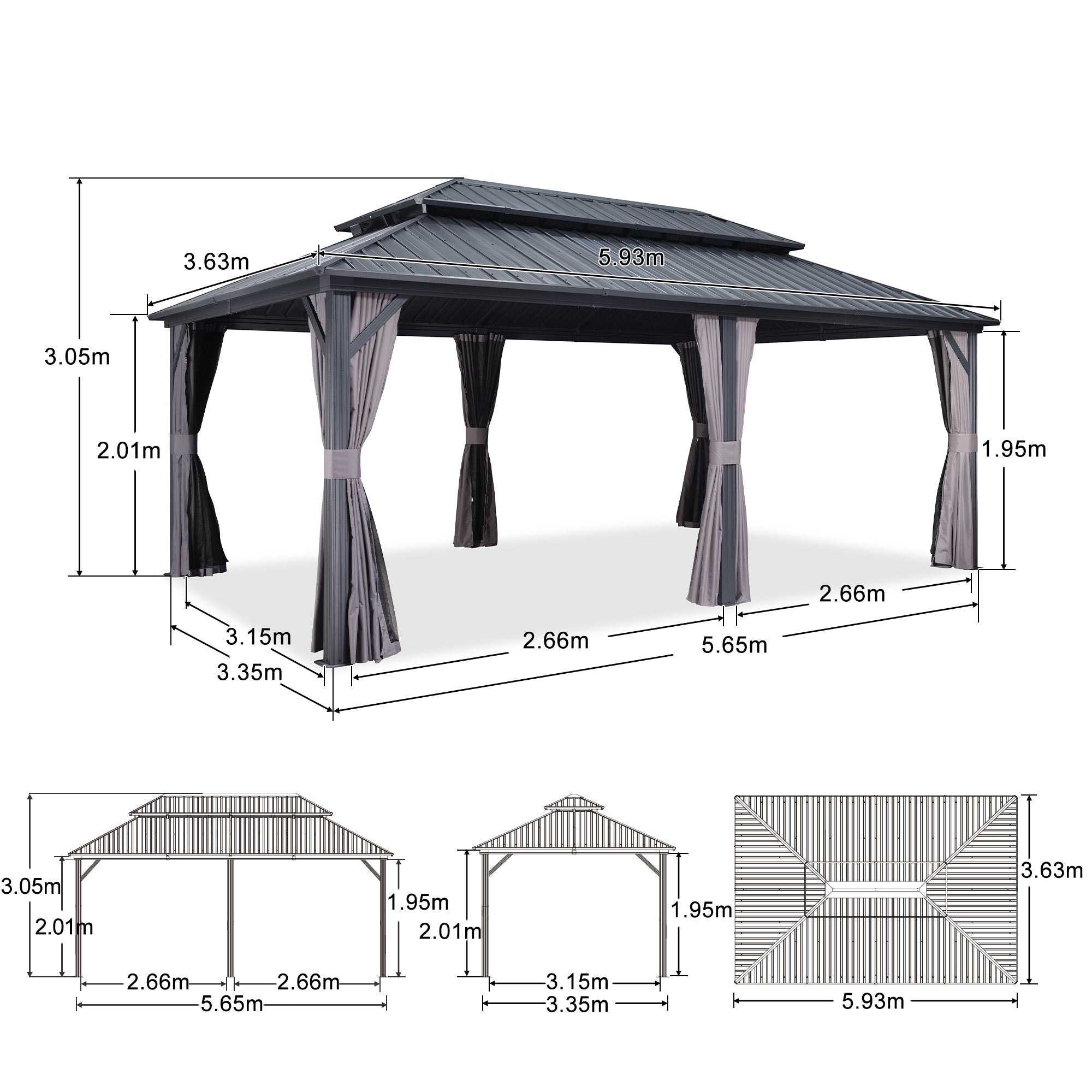 PURPLE LEAF Hardtop Tuinpaviljoen Essential met Warmwitte Verlichting, Gegalvaniseerd Stalen Dak, Aluminium Frame, Gordijnen en Klamboe – Grijs