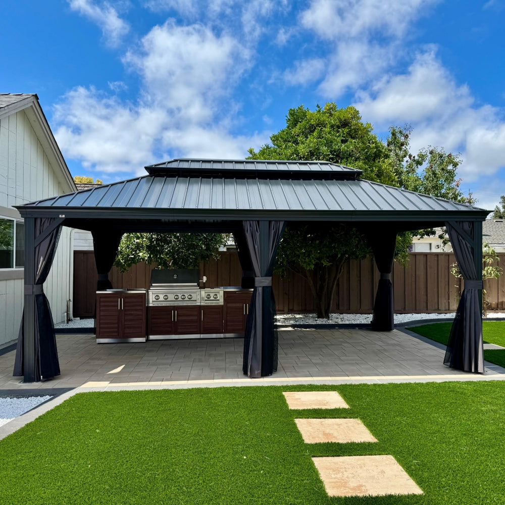 PURPLE LEAF Tuinpaviljoen Voor Achtertuin Grijs Hardtop Gegalvaniseerd Stalen Dak Luifel met Upgrade Gordijn