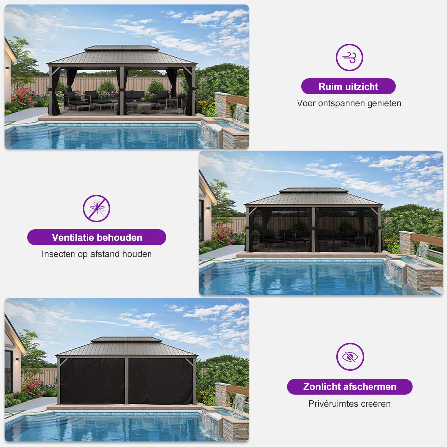 PURPLE LEAF Cenador de Jardín y Piscina con Techo Rígido, Cortinas, Mosquiteras y Luces LED Cálidas, Gris Claro