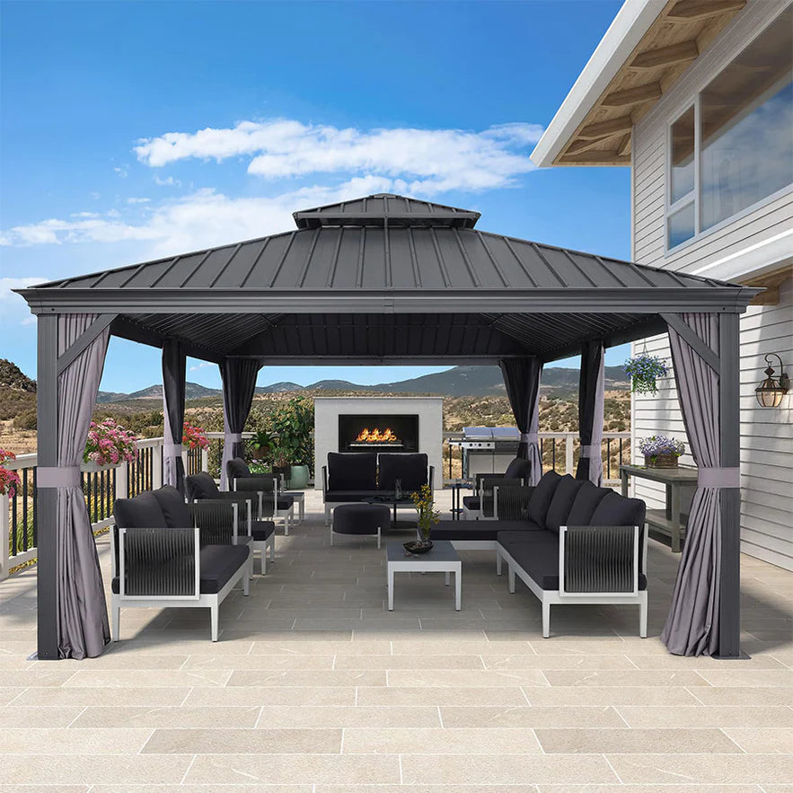 PURPLE LEAF Tuinpaviljoen Voor Achtertuin Grijs Hardtop Gegalvaniseerd Stalen Dak Luifel met Upgrade Gordijn