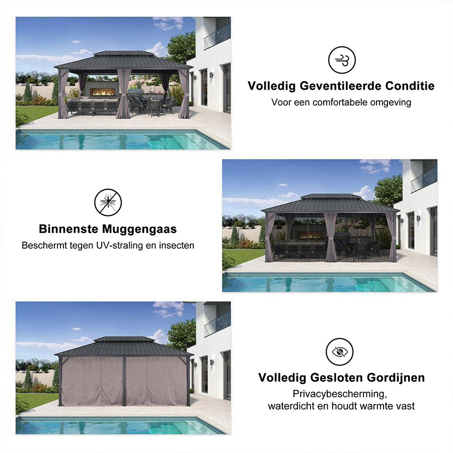 PURPLE LEAF Hardtop Tuinpaviljoen Essential met Warmwitte Verlichting, Gegalvaniseerd Stalen Dak, Aluminium Frame, Gordijnen en Klamboe – Grijs