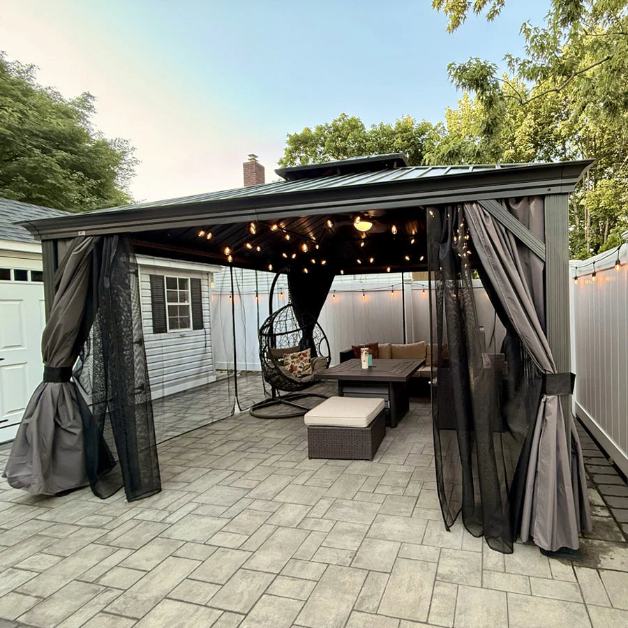 PURPLE LEAF Tuinpaviljoen Voor Achtertuin, Hardtop, Gegalvaniseerde Stalen Luifel, met Sfeerverlichting – Transparante Uitvoering