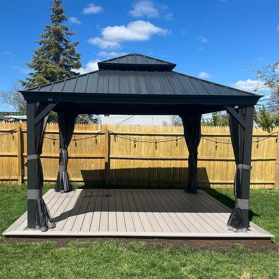 PURPLE LEAF Tuinpaviljoen Voor Achtertuin Grijs Hardtop Gegalvaniseerd Stalen Dak Luifel met Upgrade Gordijn